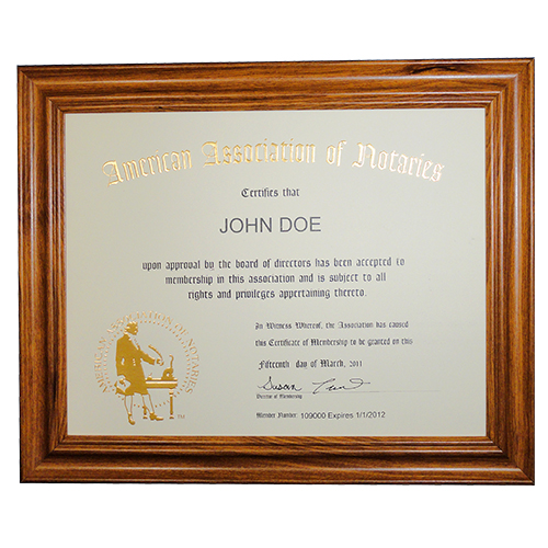 This Indiana notary deluxe membership certificate frame allows you to show off your notary membership in one of the most prestigious notary associations in the U.S. The frame includes a gold embossed 8.5 x 11 inches certificate with AAN logo, your name, membership number, membership expiration date, and the signature of our membership director. This item may only be purchased by active members of the American Association of Notaries. </p></p></p></p></p>