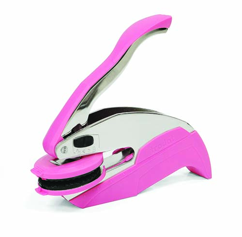 This handheld dual-use Indiana notary metal embosser is available now in pink base colors. Our Indiana notary embossers are laser engraved using the latest technology to produce a crisp and clear raised notary seal impression every time. A gentle pressure on the handle produces a finely defined, raised notary seal impression even on heavier papers. The heavy duty frame and precision workmanship guarantees this embosser will last for the life of your Indiana notary commission. The notary seal has a sliding locking mechanism that makes it convenient for dismantling and storing. The notary embosser seal's impressions are tamper proof the impression cannot be altered without defacing the document. Highly recommended for Indiana notaries handling international documents where the absence of a notary raised seal impression could cause the document to be rejected. Order now, and we will include, absolutely free, a leatherette pouch to enable you to store your embosser safely and attractively. This Indiana notary seal has an impression of 1-5/8 inches.