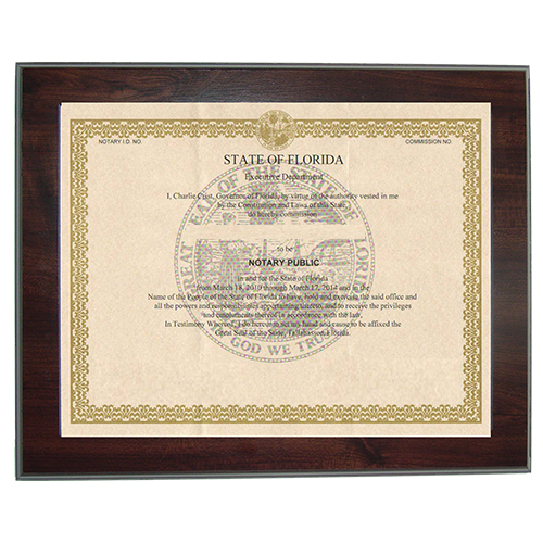 Guard your Indiana notary commission certificate from loss or damage with this 8-1/2 x 11 inches elegant cherry wood finish frame that makes an attractive addition to any office. Simply slide your Indiana notary certificate in from the side. No need for nails or screws. Designed to fit 8-1/2 x 11 inch certificates. We can also custom make a frame to fit any state's notary certificates.