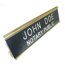 Indiana notary desk signs are an essential part of presenting a professional image in the modern day work environment. This elegant, brass metal desk sign engraved with your name and the wording 'Notary Public' on an acrylic plate will make a fine addition to your office. This sign can be customized with up to two lines. Please type in any special customization instructions in the instruction box at checkout.
