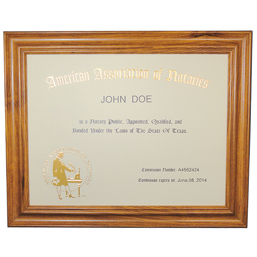 This Indiana notary commission frame is made of solid hardwood. Available in cherry, black, and walnut wood. The notary frame includes a gold embossed notary certificate, personalized with your notary name and your Indiana notary commission information. Proudly display your status as a commissioned Indiana notary public with our deluxe notary certificate frame. This certificate frame can be purchased by both non-members and members of the AAN.