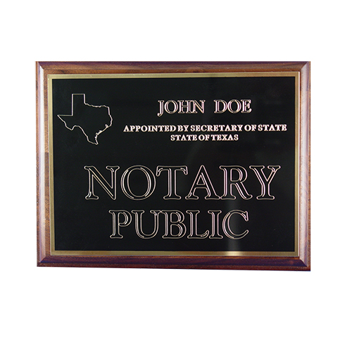 This Indiana notary deluxe wall sign is mounted on an attractive walnut plaque and engraved on a metal plate with gold lettering with your name, your state, and the wording 'Notary Public'. This sign makes a fine addition to any office.